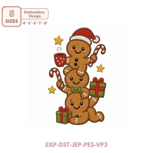May include: An embroidery design featuring a stack of three brown gingerbread characters. The top one wears a red Santa hat, holds a red mug with white dots and a candy cane. The middle one wears a green bow tie and holds a candy cane and a green gift box with a red bow. The bottom one holds a green gift box with a red bow. Three yellow stars are scattered around the figures. Text includes 5 SIZES 4" 5" 6" 7" 8" and EXP-DST-JEP-PES-VP3.