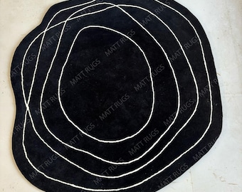 Black and White Irregular Designer Modern Hand Tufted Round Area Rug Made Up Of 100% Woolen Rug For Living Room Bedroom Kids Room Carpet
