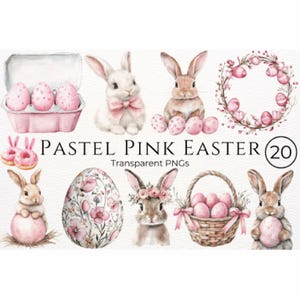 Pastell Rosa Ostern Aquarell Clipart Bundle - PNG - Hase, Kaninchen, Eier. Scrapbook, Junk Journal, Karten, Kinderzimmer