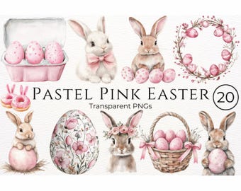 Pastel Pink Easter Watercolor Clipart Bundle - PNG - Bunny, Rabbit, Eggs. Scrapbook, Junk Journal, Cards, Nursery