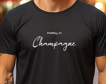 Powered by Champagne T-shirt, Wine Tshirt, Black Tee, Sparkling Wine Tee, Soft Tee, Premium Quality Top, Wine Tasting Tshirt