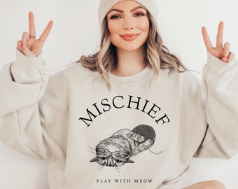 Mischief Cat Sweatshirt - Cozy Sweatshirt & Hoodie with Playful Kitten and Yarn, Fun Casual Wear, Perfect Gift for Cat Lovers