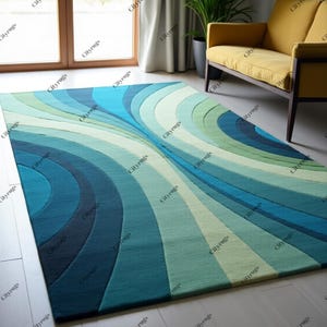 Modern Hand-Tufted Wool Rug – Ocean Wave Gradient Carpet in Teal, Blue & Green Tones – Abstract Design for Living Room Decor