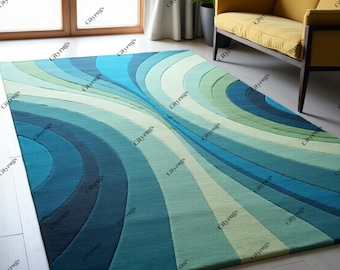 Modern Hand-Tufted Wool Rug – Ocean Wave Gradient Carpet in Teal, Blue & Green Tones – Abstract Design for Living Room Decor