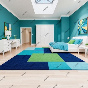 Modern Hand Tufted Geometric Rug – Teal, Aqua & Navy Blue Area Carpet for Bedroom or Living Room – Contemporary Bold Design