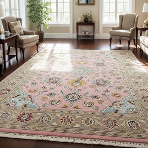 9x12 Hand Knotted Pink Wool Rug Floral Traditional Design | Oriental Area Carpet | Handmade Vintage Style Rug for Living Room, Bedroom Decor