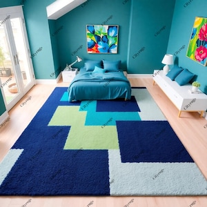 Modern Hand Tufted Geometric Rug – Teal, Aqua & Navy Blue Area Carpet for Bedroom or Living Room – Contemporary Bold Design
