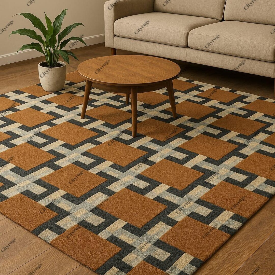 Hand Tufted Wool Rug – Modern Geometric Grid Carpet in Rust & Grey ...