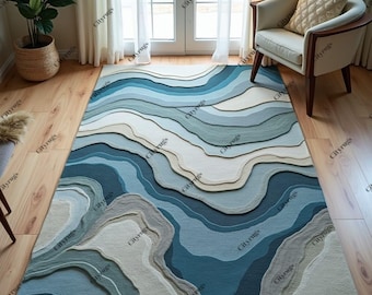 Ocean blue wavy hand tufted rug, wavy rug, rugs for home. Modern & luxurious wool area carpet for Bedroom living room kids room