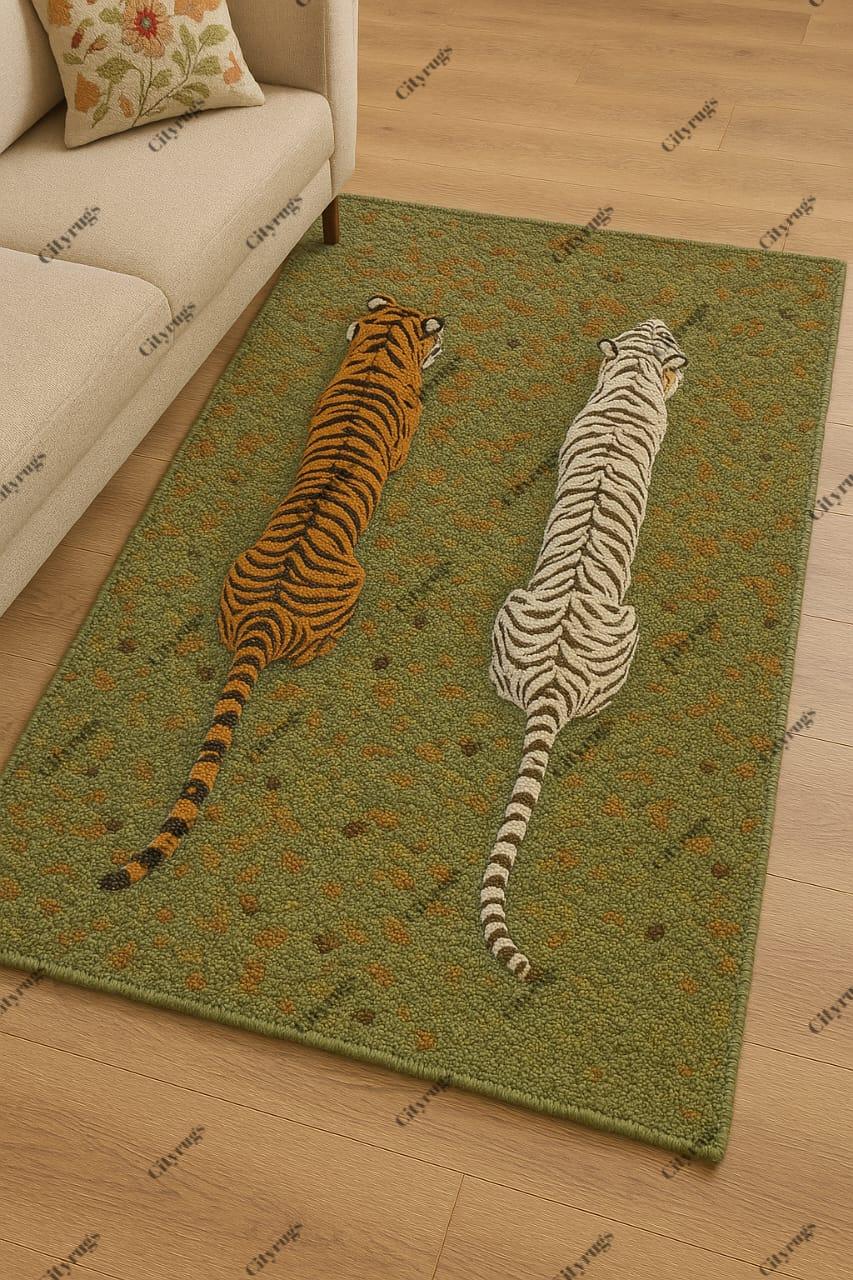 Tiger Design Hand-Tufted Rug – Jungle Theme Wool Carpet – Indian Tribal Border Area Rug – Crocodile tufted rug, Bohemian Animal Decor