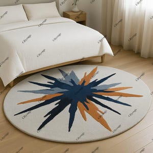 Circle Hand Tufted Rug – Modern Splash Design in Navy, Rust & Grey | Artistic Carpet for Bedroom or Living Room I Thrown Colors Rug