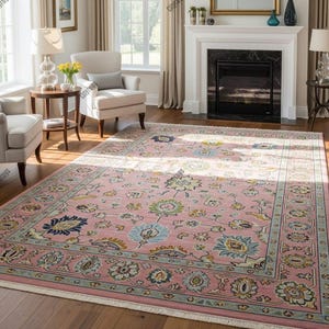 8x10 Hand Knotted Pink Wool Rug Floral Traditional Design | Oriental Area Carpet | Handmade Vintage Style Rug for Living Room, Bedroom Decor