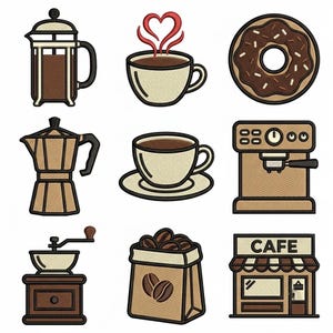 May include: A collection of nine embroidered patches featuring coffee-themed icons including a French press, a cup with heart-shaped steam, a chocolate donut, a moka pot, a coffee cup on a saucer, an espresso machine, a grinder, a bag of beans, and a cafe.