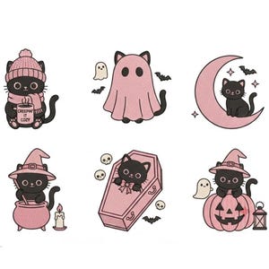 May include: Six illustrations of black cats in pink Halloween-themed costumes and settings. One cat wears a beanie and scarf holding a mug labeled 'CREEPIN IT COZY', one is a ghost, one sits on a crescent moon, one stirs a cauldron, one lies in a coffin, and one sits in a pumpkin.