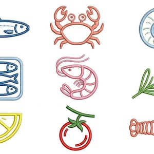 May include: A collection of nine embroidered patches featuring a blue fish, a pink crab, a light blue spiral shell, a tin of three blue fish, a pink shrimp, a green herb sprig, a yellow lemon slice, a red tomato, and a pink lobster.
