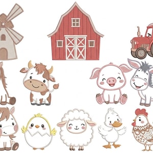 May include: A collection of embroidered patches featuring a beige windmill, a red barn, a red tractor, and various farm animals including a horse, cow, pig, donkey, pony, chick in an egg, sheep, duckling, and a chicken with brown and white feathers.