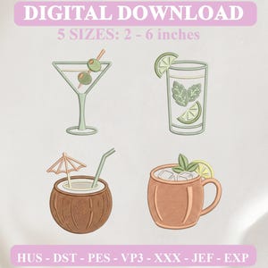 Kleine borduurpictogrammen voor het cocktailuurtje, mini-pakket met proostboodschappen (digitale download)