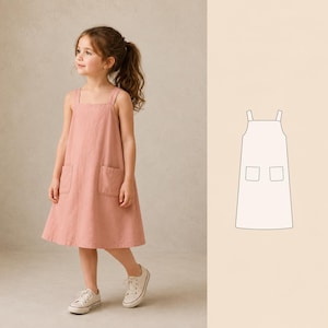 May include: A light pink dress with two front pockets and square neckline. The dress has a simple design and is worn with white sneakers. The dress is a casual style, suitable for everyday wear.