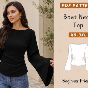 May include: Black boat neck top with long, flared sleeves. The top is shown on a person wearing blue jeans. The image also includes a PDF pattern graphic with the text "Boat Neck Top" and "XS-3XL". The pattern is "Beginner Friendly".