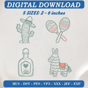 Fiesta Broderi Icons Bundle, Mexico Cactus, Maracas, Tequila, Piñata (Digital Nedladdning)