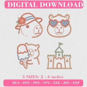 Op de afbeelding: Digitale borduurontwerp-set met vier lijntekeningen: een capibara met zonnehoed en hibiscusbloem, een capibara met hartvormige zonnebril, een capibara met een ijsje en een zandkasteel. Tekst: DIGITAL DOWNLOAD, 5 SIZES: 2 - 6 inches, HUS - DST - PES - VP3 - XXX - JEF - EXP.
