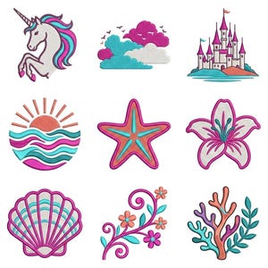 May include: A collection of nine embroidered patches featuring a unicorn, clouds, a castle, a sun over waves, a starfish, a flower, a seashell, a floral vine, and coral. Each design uses a vibrant palette of pink, teal, orange, and white thread.