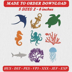 Iconos de bordado de vida marina submarina, mini coral, pez, tortuga, pulpo (descarga digital)
