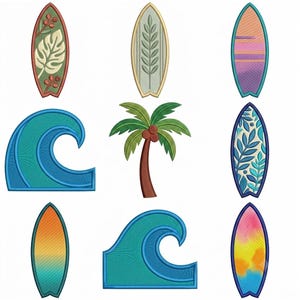 Pode incluir: Uma coleção de emblemas bordados com seis pranchas de surf com vários padrões, duas ondas oceânicas azuis e uma palmeira castanha com folhas verdes. Os designs incluem motivos de folhas, cores em gradiente e padrões em aguarela.