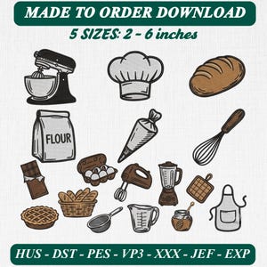 Puede incluir: Un conjunto de diseños de bordado digital con iconos de repostería que incluyen una batidora de pie, un gorro de chef, una hogaza de pan, una bolsa de harina, una manga pastelera, un batidor, una tableta de chocolate, huevos, batidora de mano, licuadora, tarta, cesta de pan, colador, taza medidora, miel y un delantal.