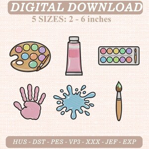 Könnte beinhalten: Digitaler Download Stickmuster-Set mit einer ovalen Farbpalette mit Pinsel, einer rosa Farbtube, einem rechteckigen Aquarellkasten, einem rosa Handabdruck, einem blauen Farbspritzer und einem Pinsel. Text: DIGITAL DOWNLOAD 5 SIZES: 2 - 6 inches.
