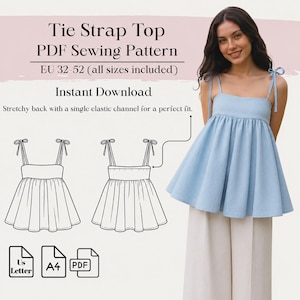 Può includere: Un top azzurro con spalline annodabili, scollatura quadrata e silhouette svasata. Il top fa parte di un modello di cucito PDF, con taglie EU 32-52 incluse. L'immagine mostra anche un disegno del top e il testo "Tie Strap Top PDF Sewing Pattern".