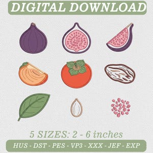 May include: A digital download embroidery design set featuring illustrations of whole and sliced figs, a persimmon, a leaf, a seed, and small fruit seeds. The text reads DIGITAL DOWNLOAD and 5 SIZES: 2 - 6 inches with file formats HUS, DST, PES, VP3, XXX, JEF, EXP.