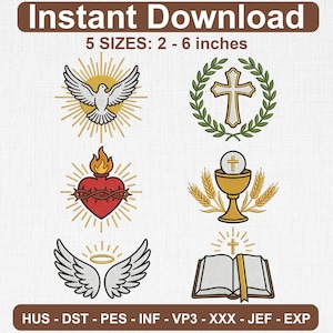 Christian Religious Symbols Embroidery Files, Cross Dove Sacred Heart Chalice Angel Wings Bible Digital Download