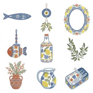 May include: A collection of embroidered motifs featuring a blue fish, an evil eye charm with olive branches, a lemon wreath, a patterned fish ornament, a lemon-themed bottle, an olive branch, a terracotta vase with flowers, a lemon pitcher, and a sardine tin.