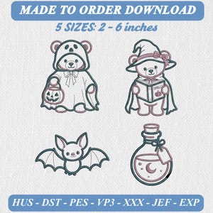May include: Digital embroidery design set featuring a bear in a ghost costume with a pumpkin bucket, a bear in a witch hat reading a spellbook, a bat, and a potion bottle. Text reads MADE TO ORDER DOWNLOAD, 5 SIZES: 2 - 6 inches, HUS - DST - PES - VP3 - XXX - JEF - EXP.