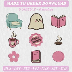 Cozy Designer Embroidery Design Set Chair Ghost Book Coffee Flower Original Designer Patch