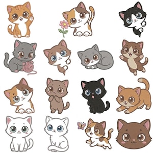 May include: A collection of sixteen cartoon cat illustrations featuring various breeds and poses. The cats are depicted in orange, brown, gray, black, and white colors with large expressive eyes, some interacting with a ball of yarn, a flower, or a butterfly.