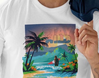 Retro Beach Vibe Sasquatch Surfing Tee - Stay Wild Shirt, Summer Gift, Unisex Tee, Vacation Outfit, Surfing Apparel, Tropical Tee