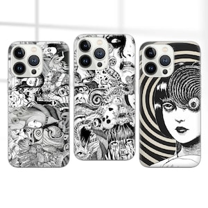 May include: Three iPhone cases with different black and white graphic designs. The first case features a swirling pattern with eyes and faces. The second case features a spiral pattern with a woman's face. The third case features a spiral pattern with a woman's face and a large eye.