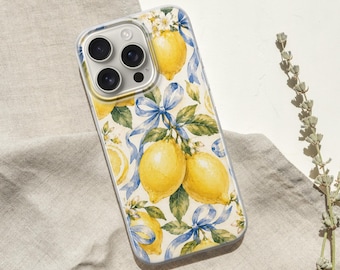 Custodia per iPhone vintage color limoncello, con motivo a strisce blu limone ad acquerello e agrumi.