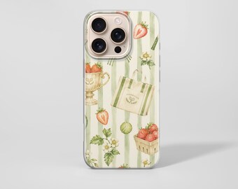 Cover per iPhone Preppy Tenniscore con motivo floreale e romantico fiocco di fragole.