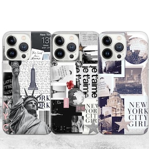 Funda para teléfono con collage de Nueva York, diseño de tablero de estado de ánimo de viaje para iPhone 16e, 15, 14, 13, 12, 11, Google Pixel 9 Pro, 8, 7A, Samsung S25 edge, S24 FE