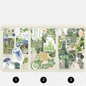 May include: Three decorative cases with collage designs. The first features a blue jellyfish and a cartoon rabbit. The second has green cat illustrations and Japanese text. The third case has a green bottle and cartoon characters.