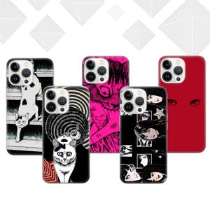 Horror Manga Katze Handyhülle Anime japanische Cover für iPhone 16e, 15, 14, 13, 12, 11, Google Pixel 9 Pro, 8, 7A, Samsung S25 edge, S24 FE, A7