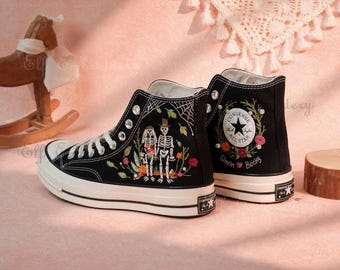 Gothic Wedding / Skeleton Bride / Hand-Embroidered Wedding Shoes; 1970s Converse Chuck Taylor Sneakers; Embroidered Wedding Theme