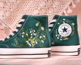 Scarpe Converse personalizzate con ricamo mughetto autunno/inverno, stile Chuck Taylor anni '70, Converse personalizzate con mini fiori/mini fiori ricamati