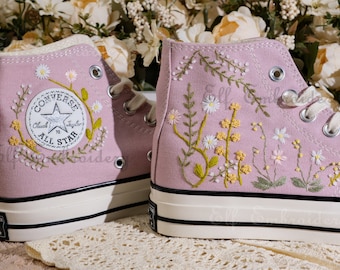Aangepaste Converse geborduurde schoenen, Converse Chuck Taylor uit de jaren 70, Converse aangepaste kleine bloem/kleine bloem borduurwerk