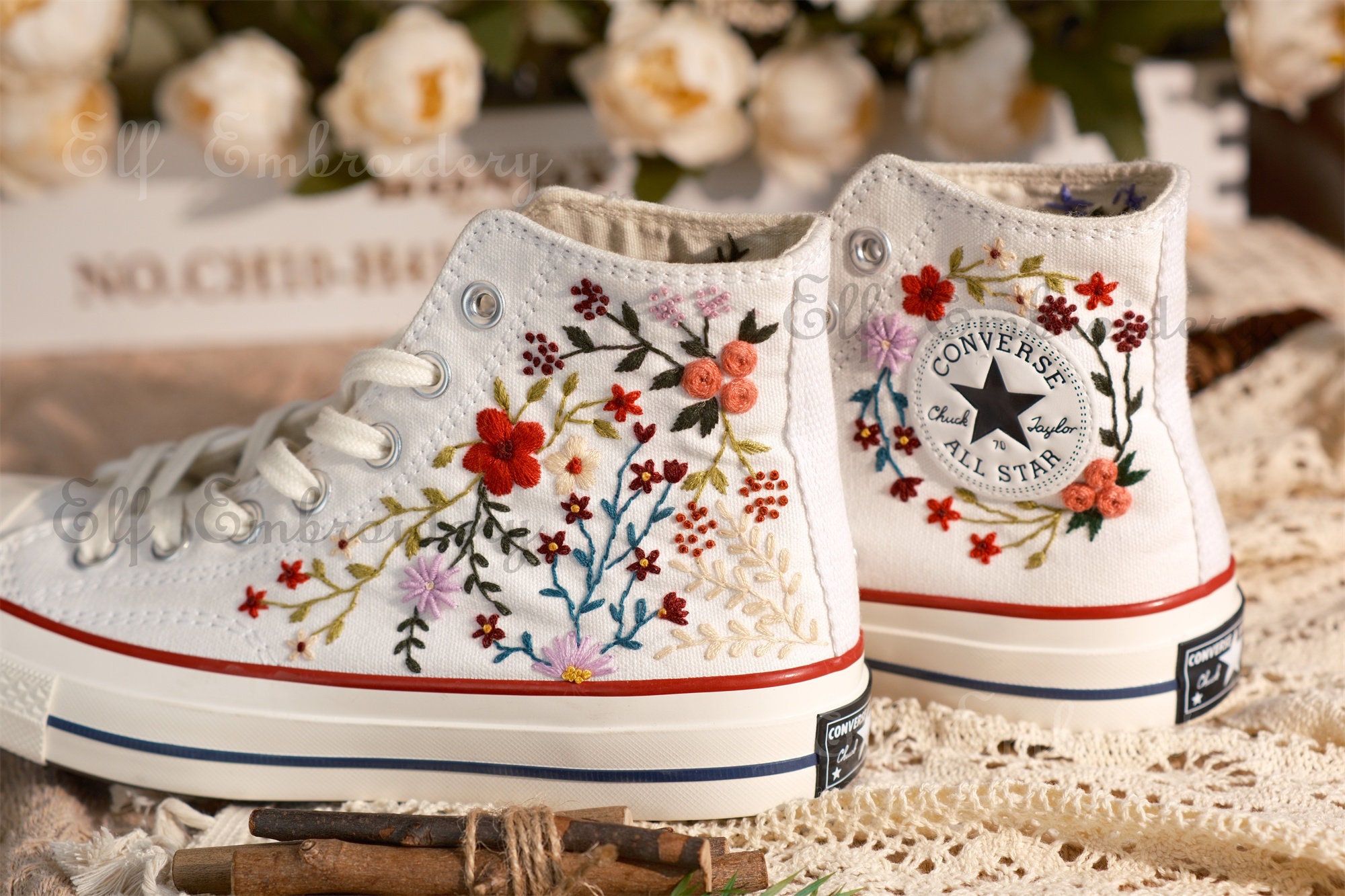 Custom Converse Embroidered Shoes,1970s Converse Chuck Taylor,Converse Custom Small Flower/Small Flower Embroidery