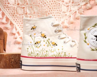 Custom Bee Daisy Embroidered Converse Sneakers/Converse Sneakers/Floral Embroidery/Flower Embroidery