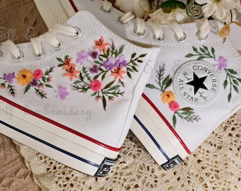 Aangepaste Converse geborduurde schoenen, Converse Chuck Taylor uit de jaren 70, Converse aangepaste kleine bloem/kleine bloem borduurwerk